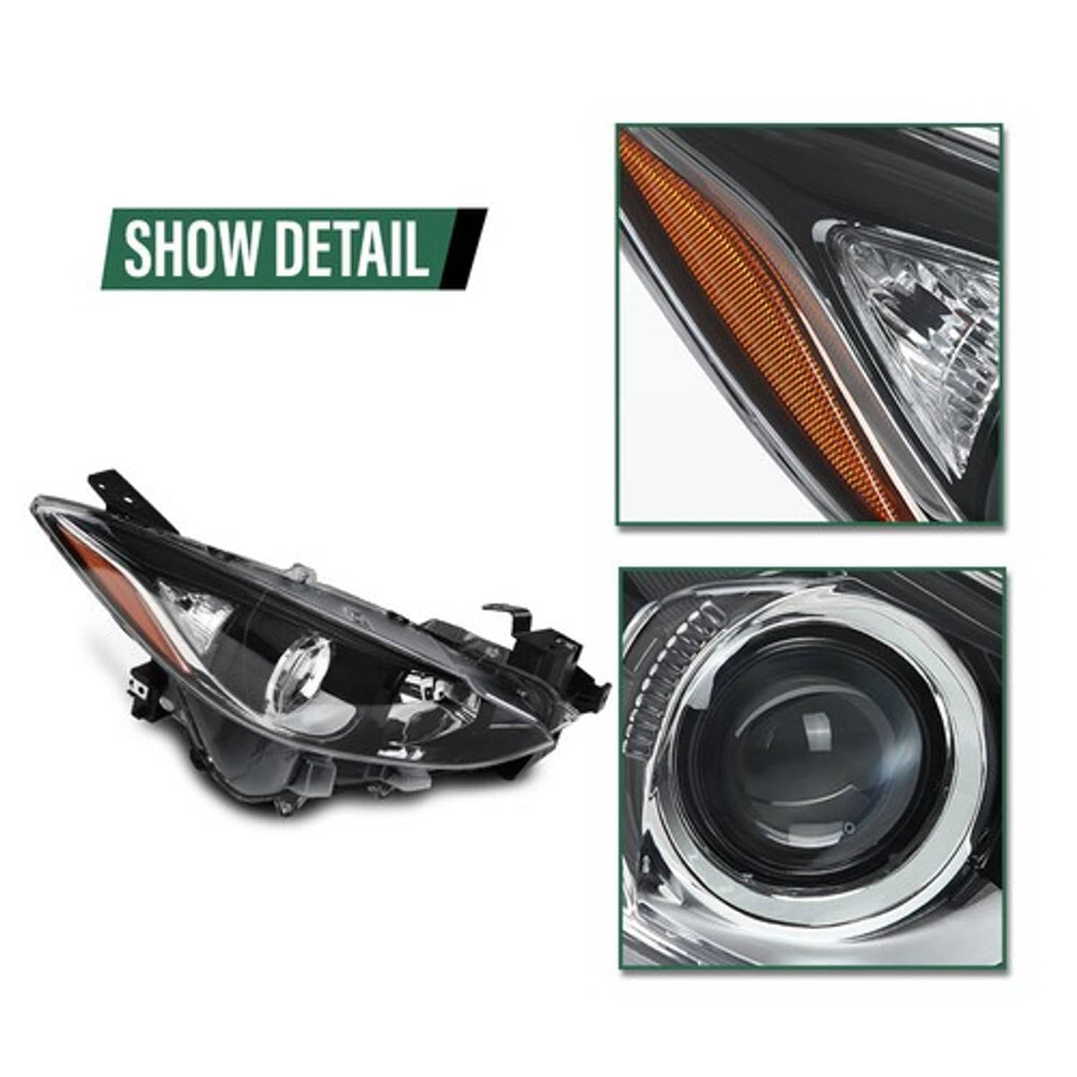 Solid Spare Fit For 2014-2016 Mazda 3 Amber/Black Projector Headlights Assembly Left+Right