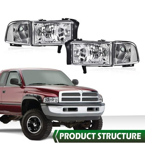Solid Spare Clear Corner Chrome Headlights Assembly Fit For 94-02 Dodge Ram 1500 2500 3500