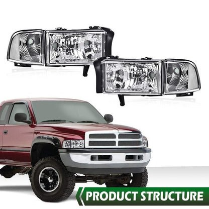 Solid Spare Clear Corner Chrome Headlights Assembly Fit For 94-02 Dodge Ram 1500 2500 3500