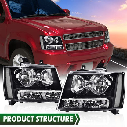 Solid Spare Fit For 07-14 Chevy Tahoe Suburban Avalanche Headlights Headlamps Clear/Black