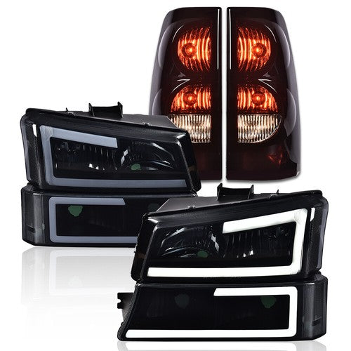 Solid Spare LED DRL Bumper Headlights +Smoke Tail Lights Fit For 2003-2007 Chevy Silverado