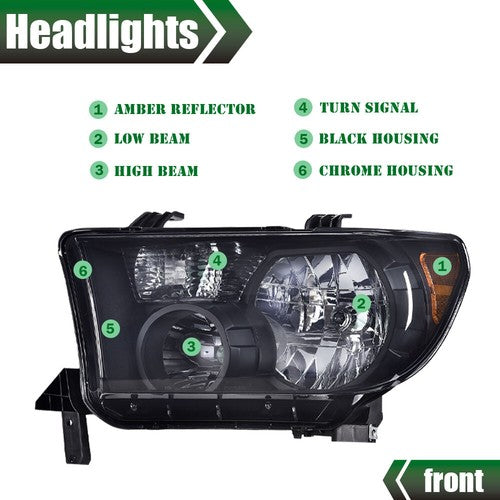 Solid Spare Fit For 07-13 Toyota Tundra/08-17 Sequoia Smoke Lens Black Headlights