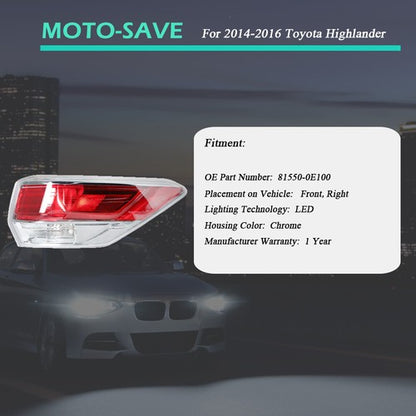 Solid Spare For 2014-2016 Toyota Highlander Outer Tail Light Lamp Assembly Passenger RH Side