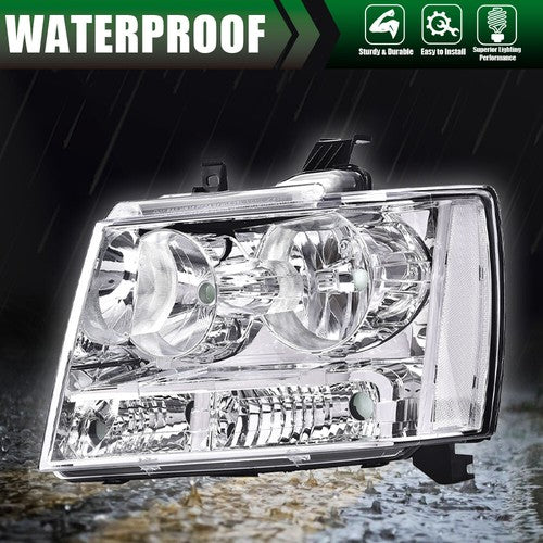 Solid Spare Fit For 2007-2014 Avalanche Tahoe Suburban Clear Lens Chrome Headlights Assembly