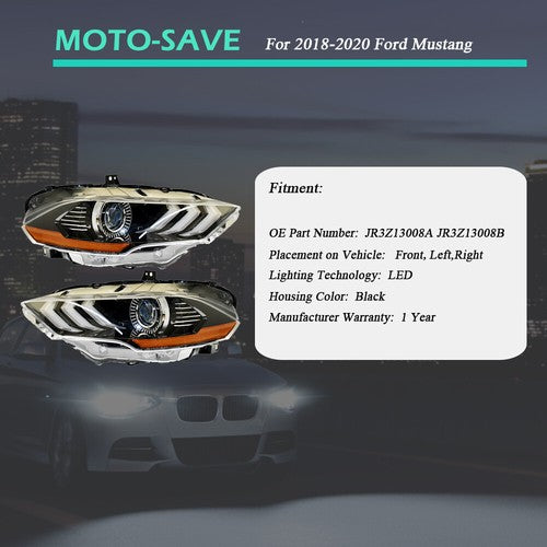 Solid Spare LED DRL Headlights For Ford Mustang 2018 2019 2020 Projector Headlamps LH+RH New