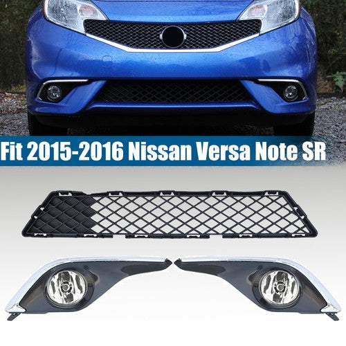 Fit 2015-2016 Nissan Versa Note SR Front Bumper Lower Grille & Pair Fog Lights
