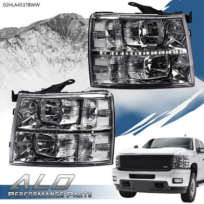 Solid Spare Fit For 07-14 Chevy Silverado 1500 2500 3500 Clear/Chrome LED DRL Headlights