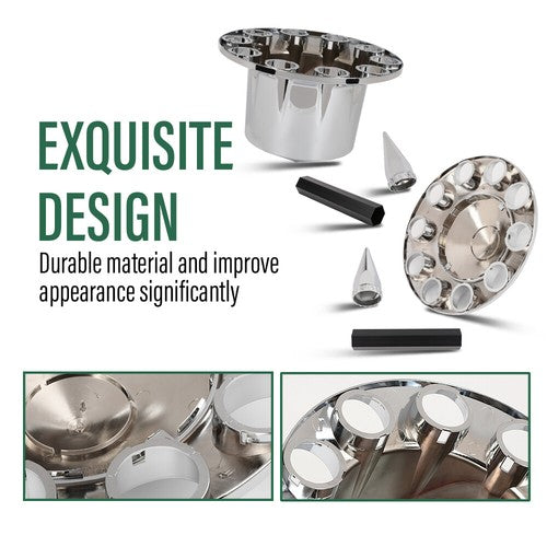 Solid Spare Chrome Hub Cover Kit 33mm Front & Rear Semi Truck Wheel Axle Covers Spiked