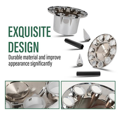 Solid Spare Chrome Hub Cover Kit 33mm Front & Rear Semi Truck Wheel Axle Covers Spiked