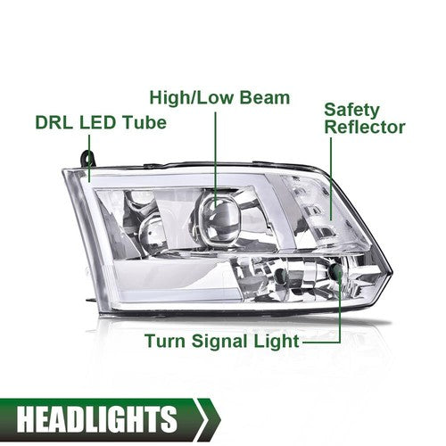 Solid Spare Fit For 2009-2018 Dodge Ram 1500 2500 3500 LED DRL Projector Headlights Chrome