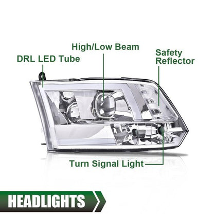 Solid Spare Fit For 2009-2018 Dodge Ram 1500 2500 3500 LED DRL Projector Headlights Chrome