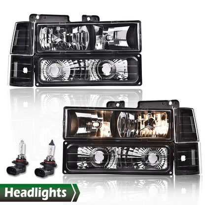 Solid Spare Fit For 1994-1998 GMC C10 C/K Sierra Clear Corner Black Headlights Bumper Lamps