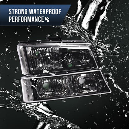 Solid Spare Black Headlights+Clear Reflector Signal Bumper Lamps Fit For 2003-2006 Silverado