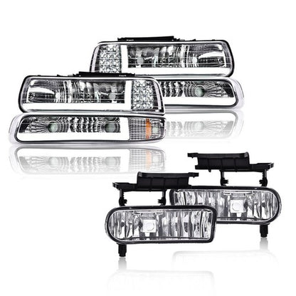 Solid Spare Fit For 99-02 Silverado/00-06 Suburban LED DRL Headlights+Fog Lights Chrome