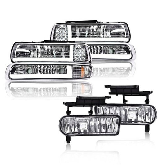 Solid Spare Fit For 99-02 Silverado/00-06 Suburban LED DRL Headlights+Fog Lights Chrome