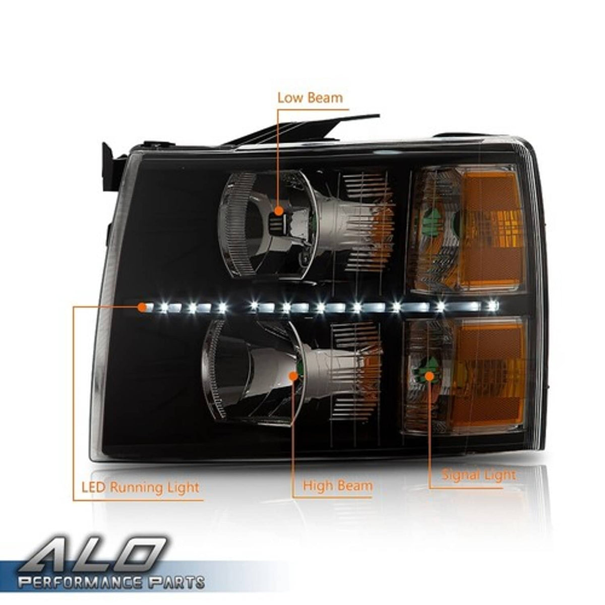 Solid Spare Fit For 07-14 Chevy Silverado Amber Corner Black Housing LED DRL Headlights