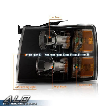 Solid Spare Fit For 07-14 Chevy Silverado Amber Corner Black Housing LED DRL Headlights