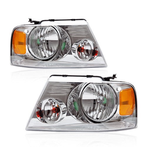Solid Spare Fit For 2004-2008 Ford F150 Headlights Assembly Chrome Housing Amber Reflector