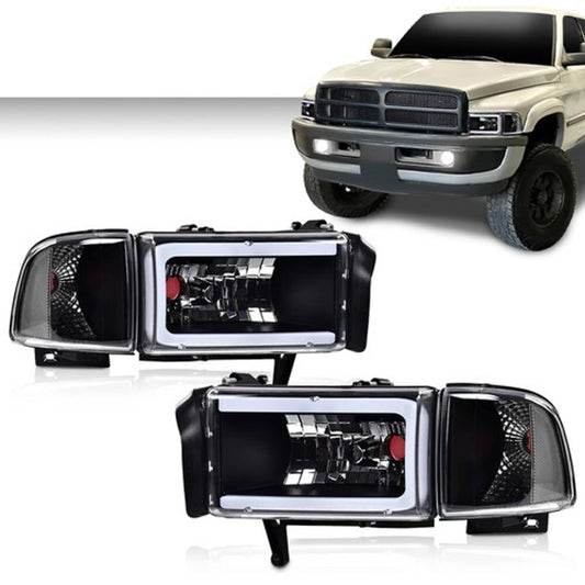 Solid Spare Clear Corner Black LED DRL Headlights Fit For 94-02 Dodge Ram 1500 2500 3500