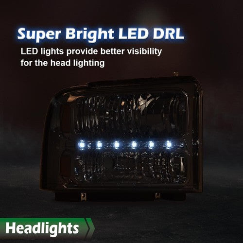 Solid Spare Fit For 2005-2007 F250 F350 F450 Super Duty LED DRL Headlights Headlamps Smoked