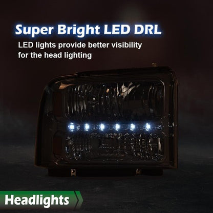 Solid Spare Fit For 2005-2007 F250 F350 F450 Super Duty LED DRL Headlights Headlamps Smoked
