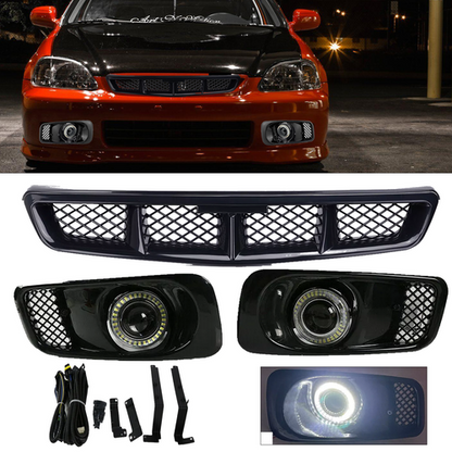 For 1999-2000 Honda Civic Clear Lens LED Fog Light Lamps DRL & BLACK GRILLE 3PCS