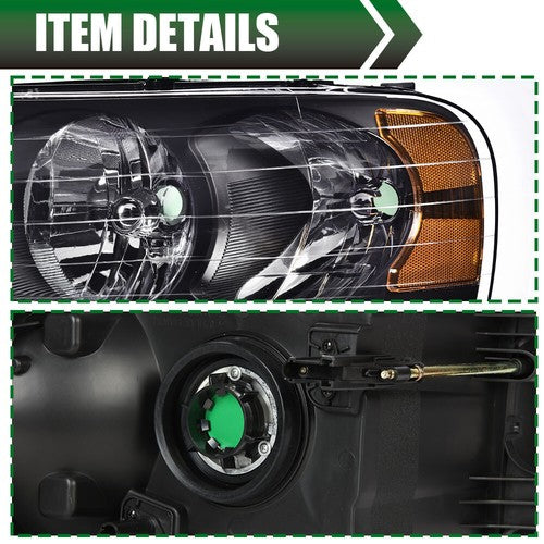 Solid Spare Clear Lens Black Housing Headlights Fit For 2002-2005 Dodge Ram 1500 2500 3500