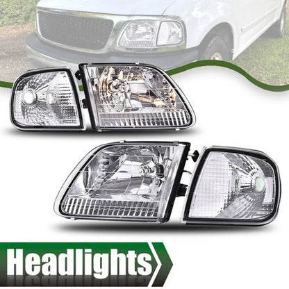 Solid Spare Clear Chrome Headlights & Corner Lights Fit For 1997-2003 Ford F150 Expedition