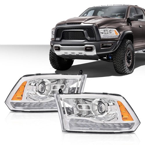 Solid Spare Fit For 2009-2018 Dodge Ram 1500 2500 3500 Chrome Projector Headlights w/LED DRL
