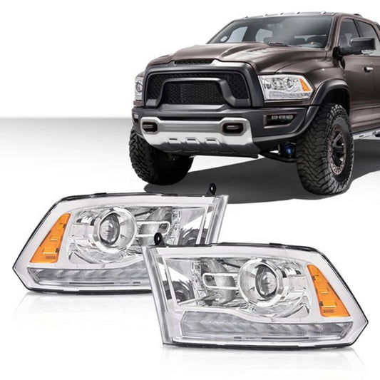 Solid Spare Fit For 2009-2018 Dodge Ram 1500 2500 3500 Chrome Projector Headlights w/LED DRL