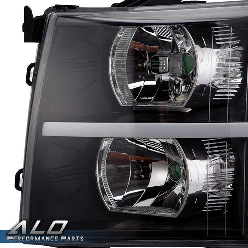 Solid Spare [LED DRL STRIP]FIT FOR 07-14 CHEVY SILVERADO BLACK HOUSING CLEAR CORNER HEADLIGH