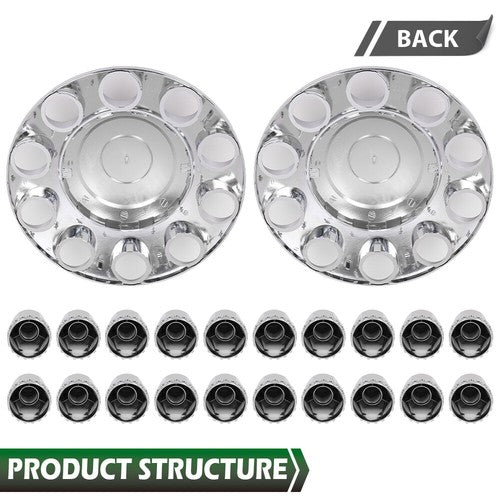 Solid Spare Silver Front Axle Wheel Cover with Hub Cap 33mm Lug Nuts For Semi Truck Set of 2