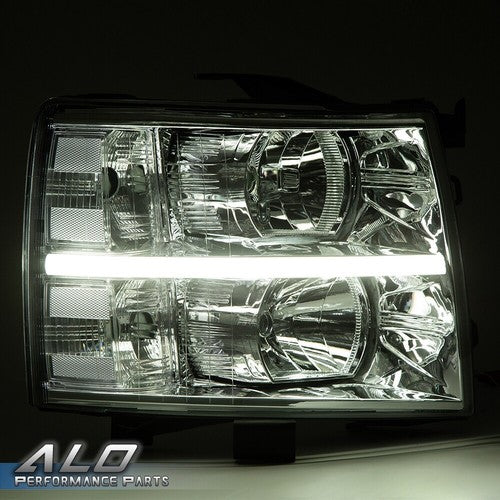 Solid Spare LED DRL Headlights Fit For 2007-2014 Chevy Silverado 1500 2500 3500 Chrome Clear