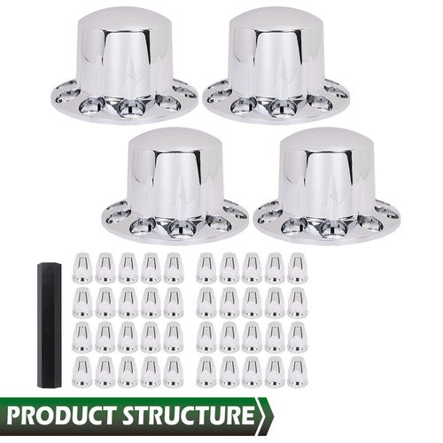 Solid Spare New 4pcs Rear Wheel Axle Hub Covers Semi Truck Silver Hubcaps Kits 33MM Lug Nuts