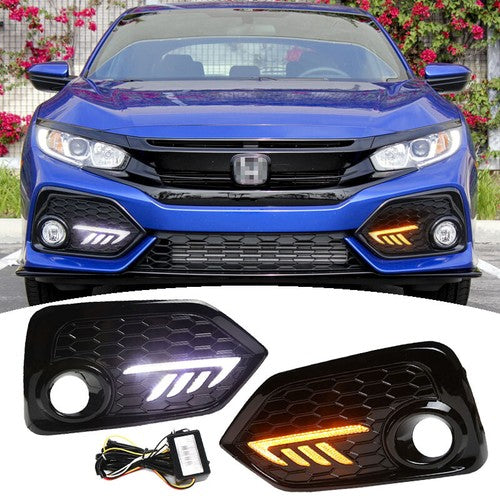 L+R Fog Lights For 2016-2021 Honda Civic Hatchback DRL LED Daytime Running Lamps