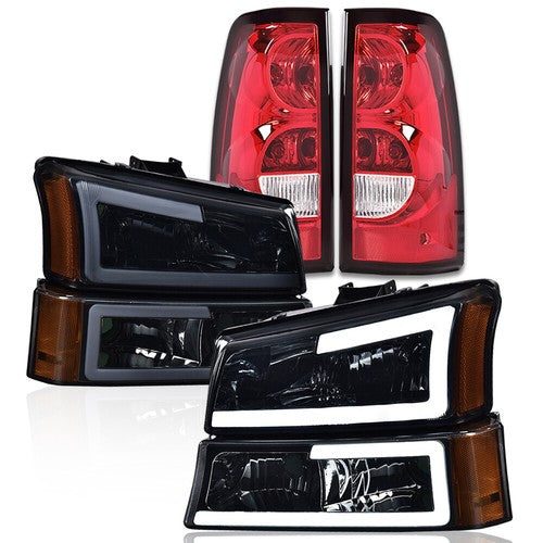 Solid Spare Fit For 03-06 Chevy Silverado LED DRL Headlights Amber Smoke+Red Tail Lights