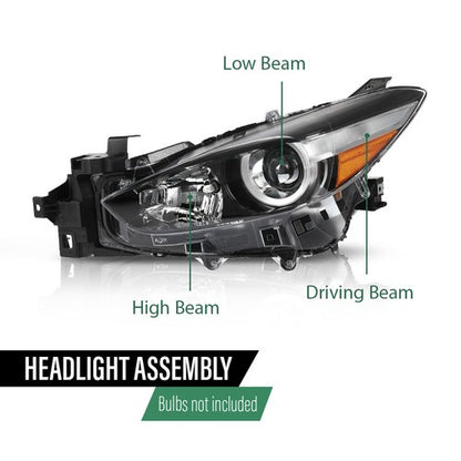 Solid Spare Black Halogen Projector Headlight Fit For 2017-2018 Mazda 3 Left Driver Side