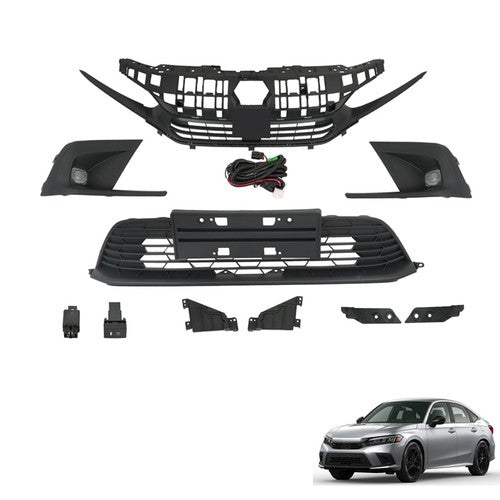 Solid Spare W/Molding Fog Lights Black Plastic Upper Lower Grill Set For Honda Civic 2022-23