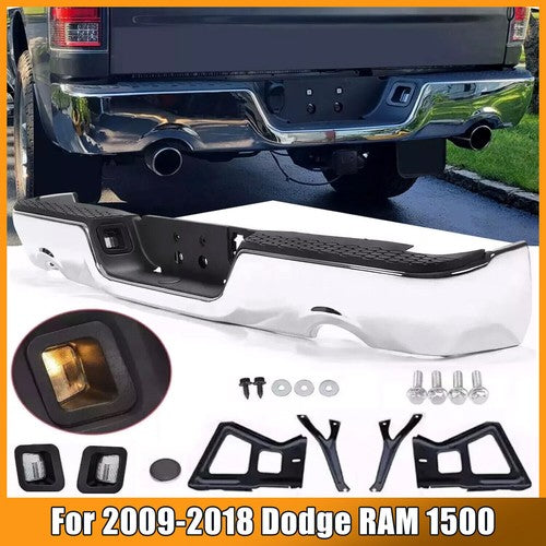 Solid Spare Rear Bumper Chrome For 2009-2018 Dodge RAM 1500 w/o Sensor Holes w/ Dual Exhaus
