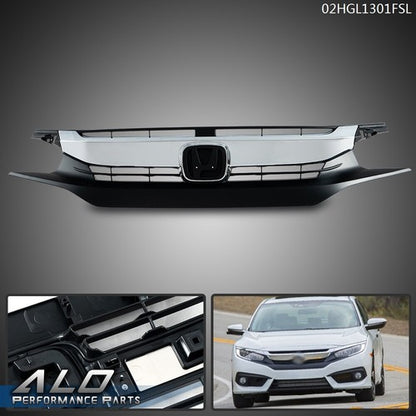 Solid Spare Fit For 2016-2018 Honda Civic 10th Black Front Upper Grille Grill w/ Chrome Trim