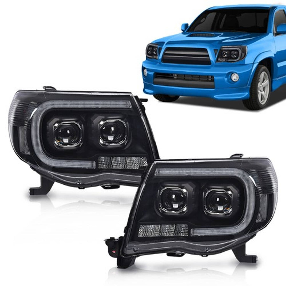 Solid Spare Fit For 2005-2011 Toyota Tacoma Clear Lens Black Dual LED Projector Headlights
