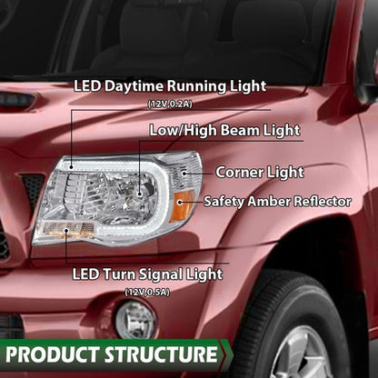 Solid Spare New Fit For Toyota Tacoma 2005-2011 LED DRL Tube Chrome Headlights Headlamps