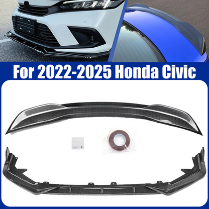 Black Rear Trunk Spoiler Wing & Front Bumper Lip For 2022-2024 Honda Civic Sedan