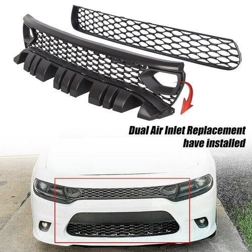 Solid Spare For 2015-23 DODGE CHARGER RT SCAT PACK SRT STYLE Front Upper + Lower Grille Kit