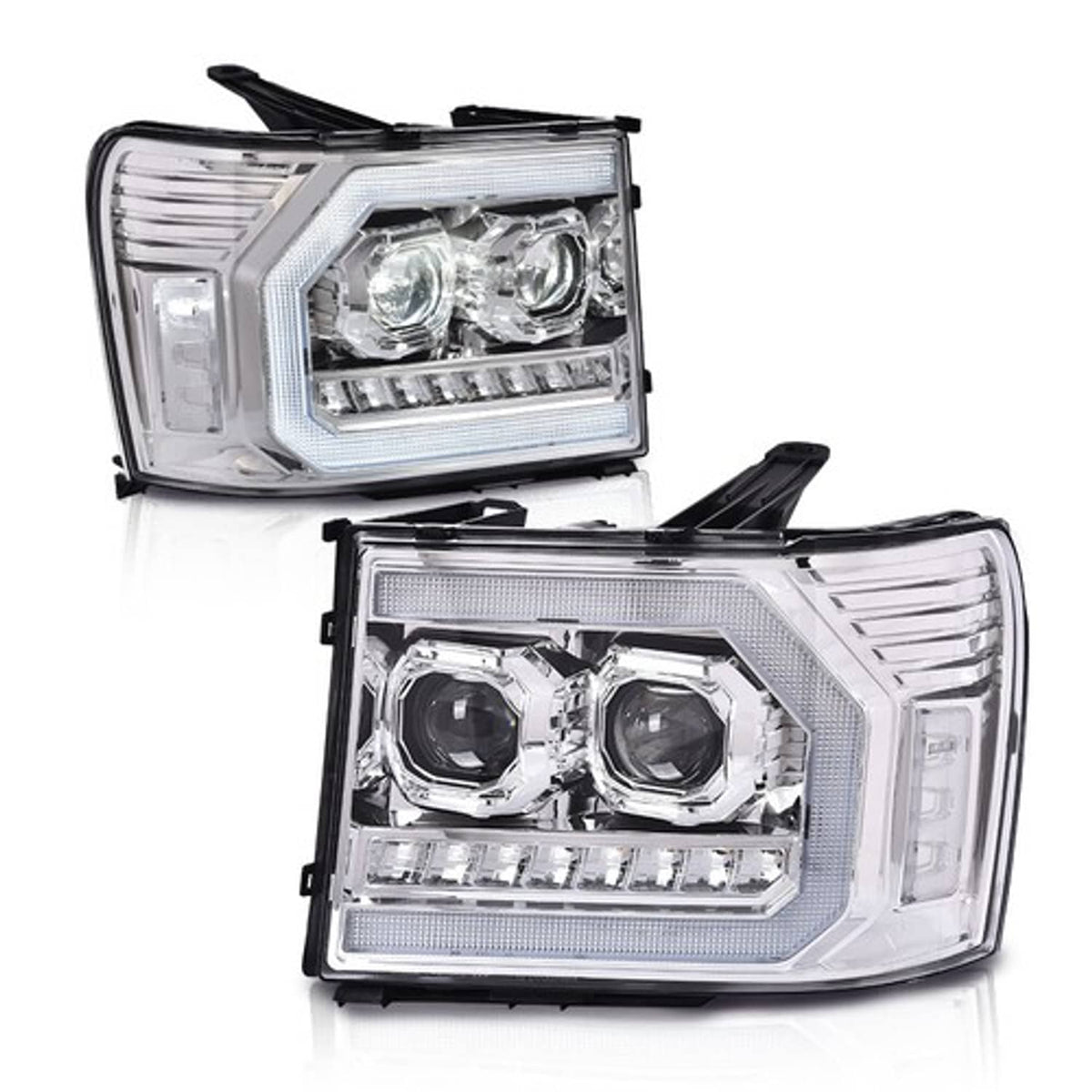 Solid Spare Dual Projector LED Headlights Chrome Fit For 07-14 GMC Sierra 1500 2500 3500