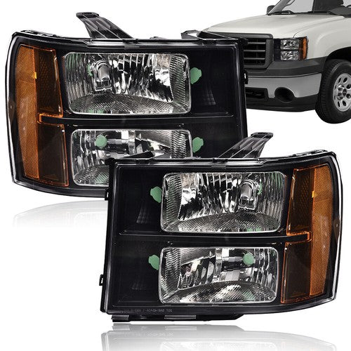 Solid Spare Fit For 07-13 GMC Sierra 1500 2500HD 3500HD Clear Lens Black Headlights