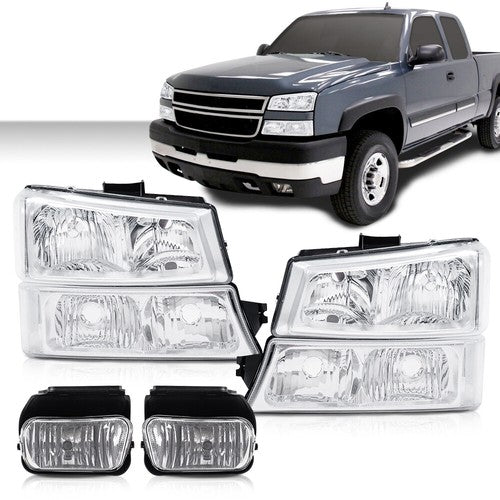Solid Spare Fit For 2003-2007 Chevy Silverado/Avalanche Clear Chrome Headlights+Fog Lights