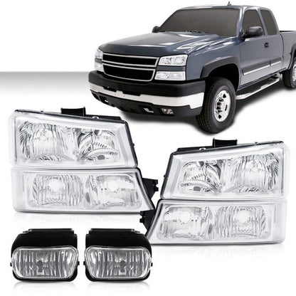 Solid Spare Fit For 2003-2007 Chevy Silverado/Avalanche Clear Chrome Headlights+Fog Lights
