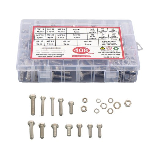 Solid Spare M5 M6 M8 Bolts and Nuts Flat & Lock Washers Combination Kit 408 Pack