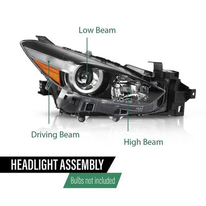 Solid Spare Black Halogen Projector Headlight Fit For 2017-2018 Mazda 3 Right Passenger Side